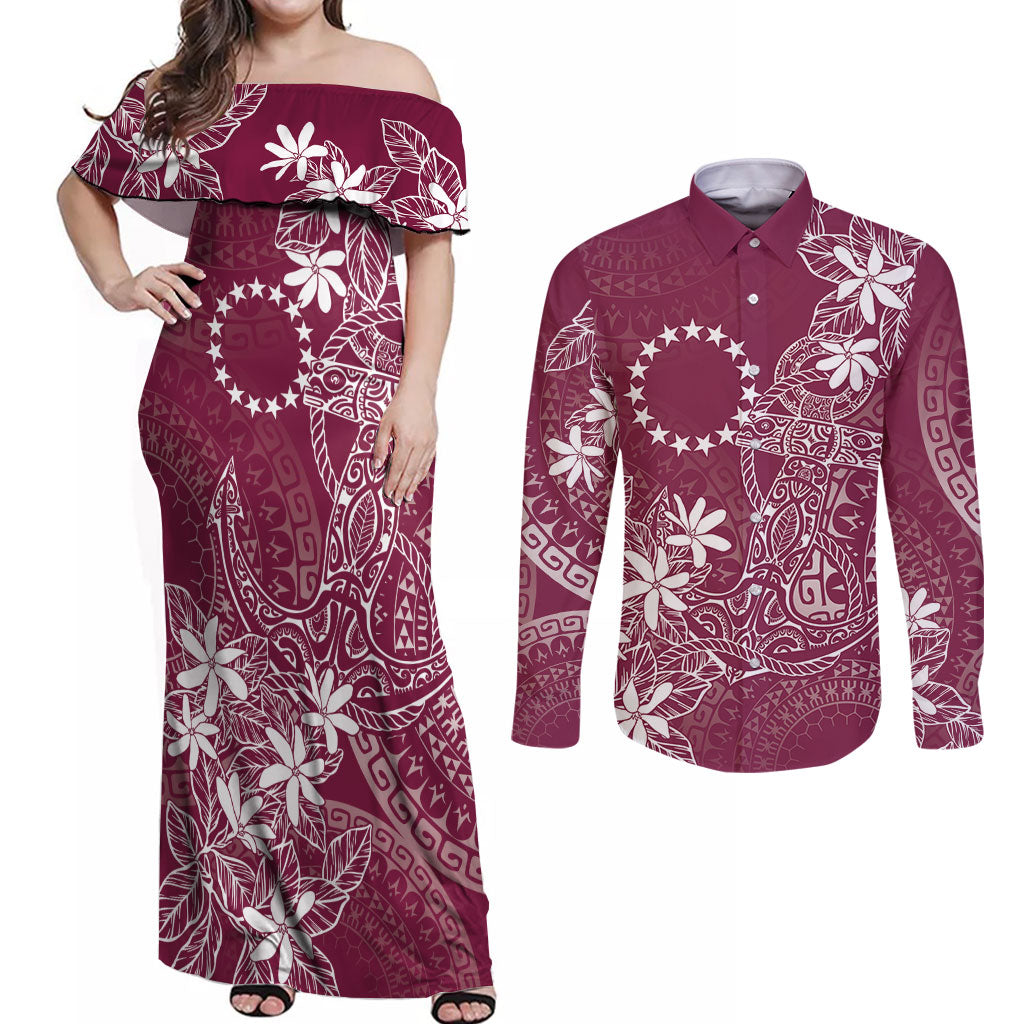 Maroon Kuki Airani Tapakau Couples Matching Off Shoulder Maxi Dress and Long Sleeve Button Shirt Tribal Anchor Mix Tiare LT7 Maroon - Polynesian Pride