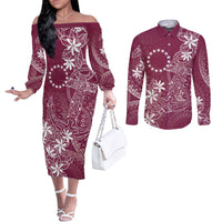 Maroon Kuki Airani Tapakau Couples Matching Off The Shoulder Long Sleeve Dress and Long Sleeve Button Shirt Tribal Anchor Mix Tiare LT7 Maroon - Polynesian Pride
