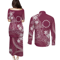 Maroon Kuki Airani Tapakau Couples Matching Puletasi and Long Sleeve Button Shirt Tribal Anchor Mix Tiare LT7 - Polynesian Pride