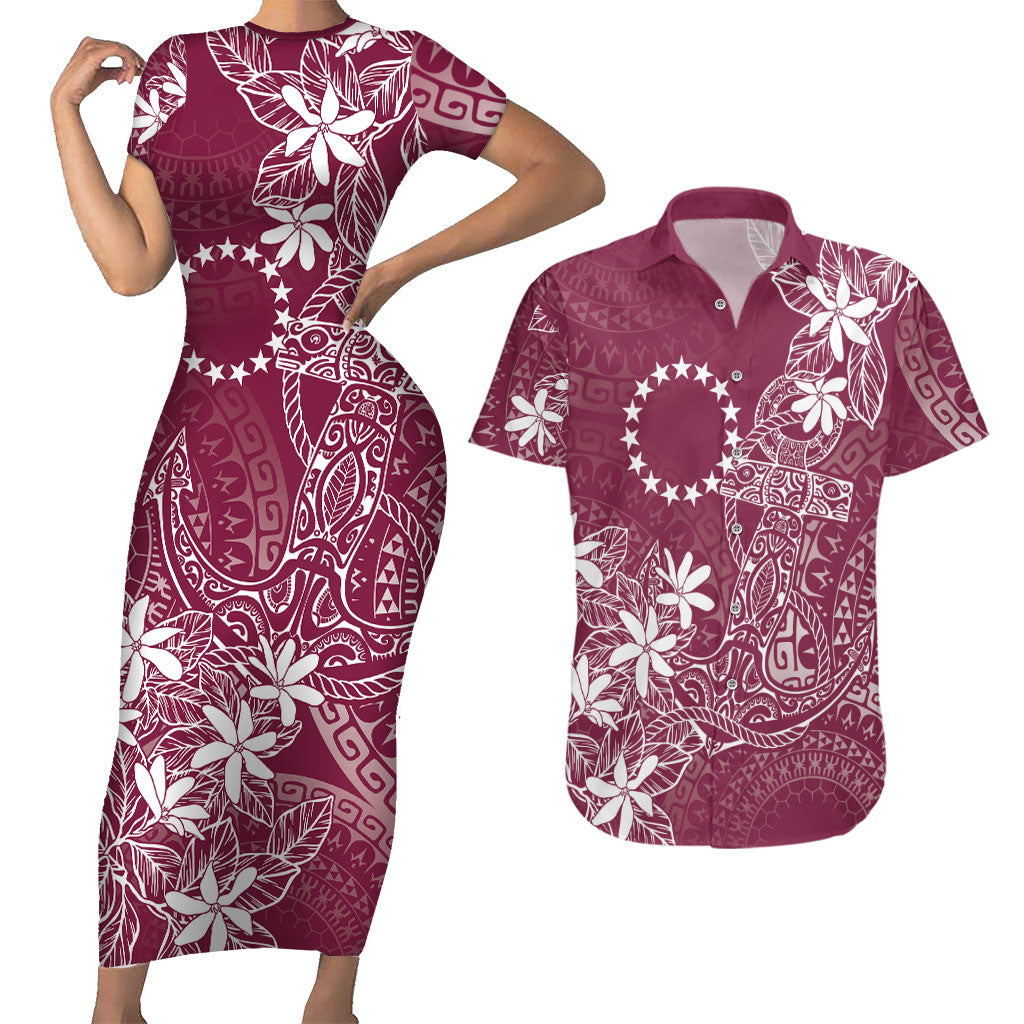 Maroon Kuki Airani Tapakau Couples Matching Short Sleeve Bodycon Dress and Hawaiian Shirt Tribal Anchor Mix Tiare LT7 Maroon - Polynesian Pride