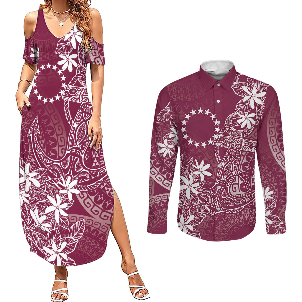 Maroon Kuki Airani Tapakau Couples Matching Summer Maxi Dress and Long Sleeve Button Shirt Tribal Anchor Mix Tiare LT7 Maroon - Polynesian Pride