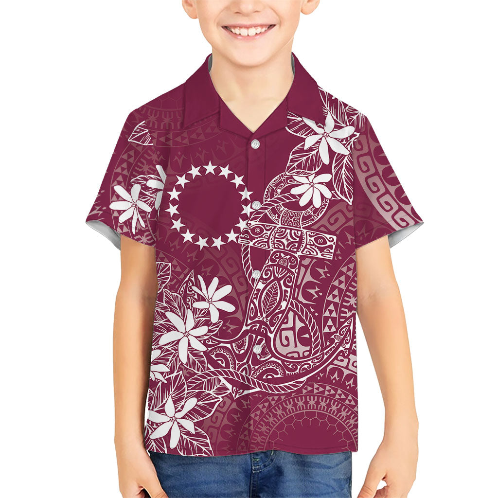 Maroon Kuki Airani Tapakau Family Matching Off Shoulder Maxi Dress and Hawaiian Shirt Tribal Anchor Mix Tiare LT7 Son's Shirt Maroon - Polynesian Pride