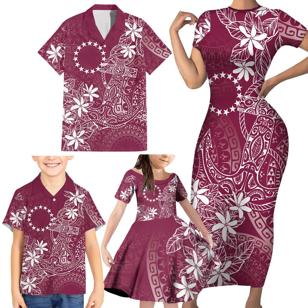 Maroon Kuki Airani Tapakau Family Matching Short Sleeve Bodycon Dress and Hawaiian Shirt Tribal Anchor Mix Tiare LT7 - Polynesian Pride