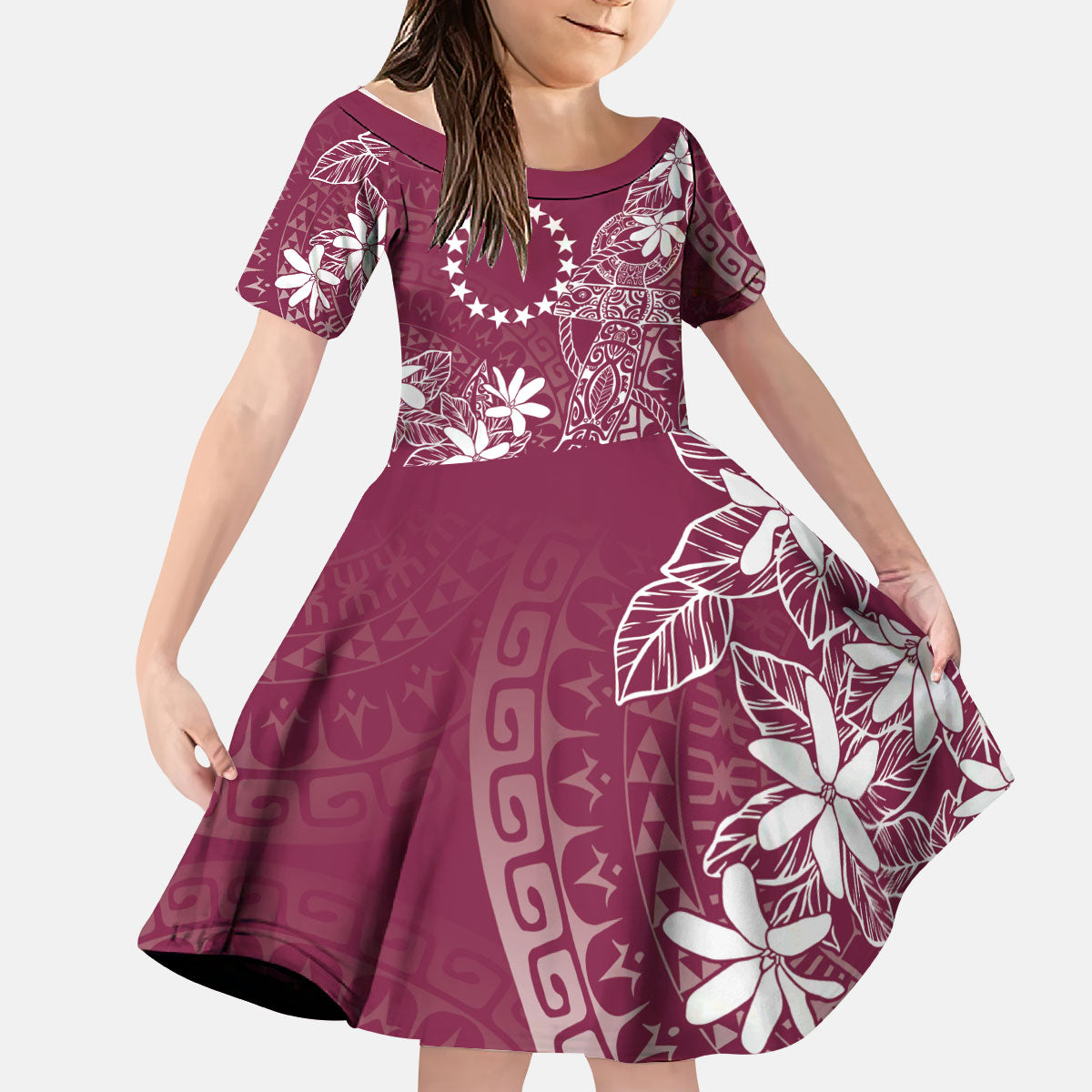 Maroon Kuki Airani Tapakau Kid Short Sleeve Dress Tribal Anchor Mix Tiare LT7 KID Maroon - Polynesian Pride