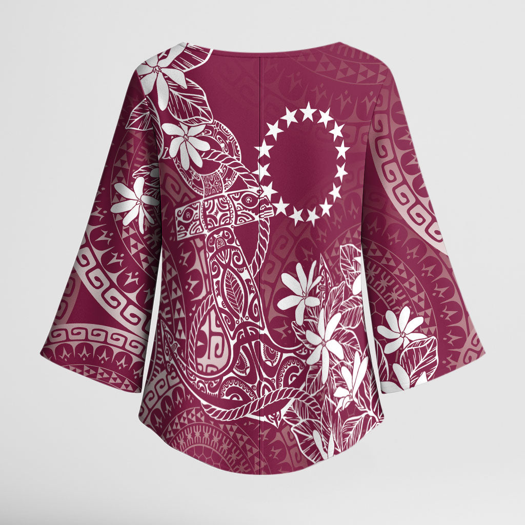 Maroon Kuki Airani Tapakau Kimono Sleeve Blouse Tribal Anchor Mix Tiare