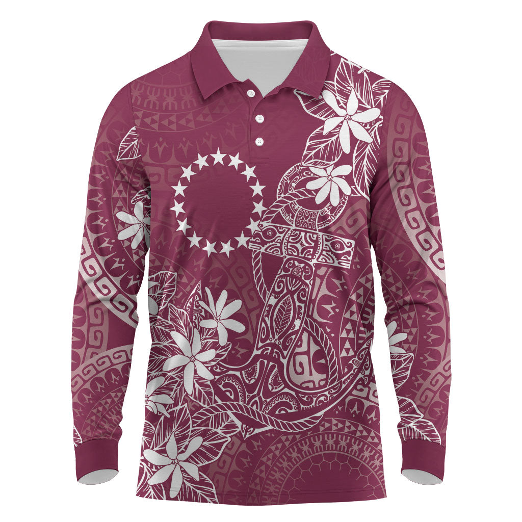 Maroon Kuki Airani Tapakau Long Sleeve Polo Shirt Tribal Anchor Mix Tiare LT7 Maroon - Polynesian Pride