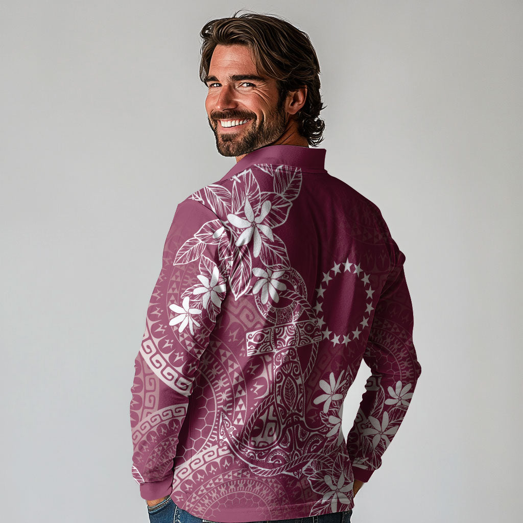 Maroon Kuki Airani Tapakau Long Sleeve Polo Shirt Tribal Anchor Mix Tiare LT7 - Polynesian Pride