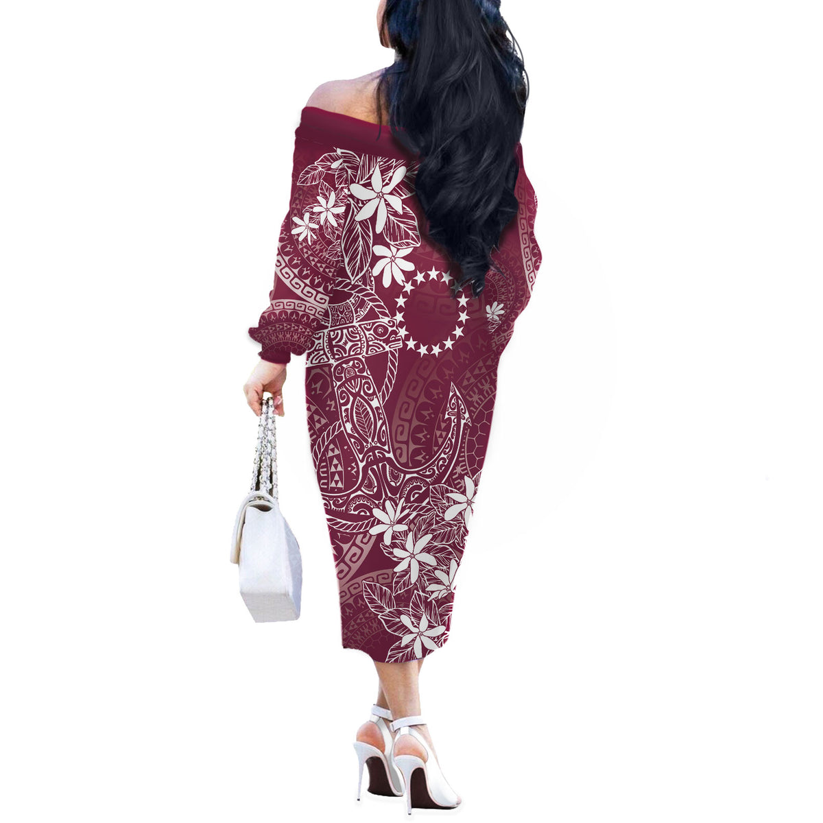 Maroon Kuki Airani Tapakau Off The Shoulder Long Sleeve Dress Tribal Anchor Mix Tiare LT7 - Polynesian Pride
