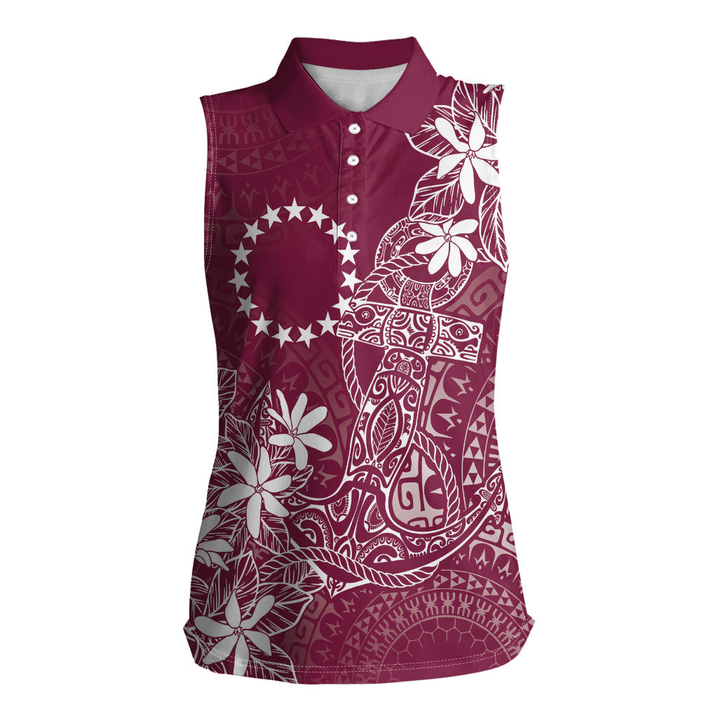 Maroon Kuki Airani Tapakau Women Sleeveless Polo Shirt Tribal Anchor Mix Tiare