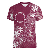 Maroon Kuki Airani Tapakau Women V-Neck T-Shirt Tribal Anchor Mix Tiare LT7 Female Maroon - Polynesian Pride