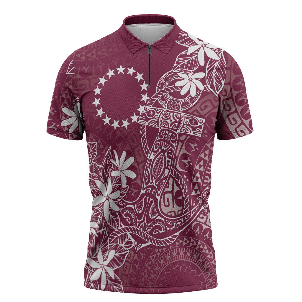 Maroon Kuki Airani Tapakau Zipper Polo Shirt Tribal Anchor Mix Tiare LT7 Maroon - Polynesian Pride