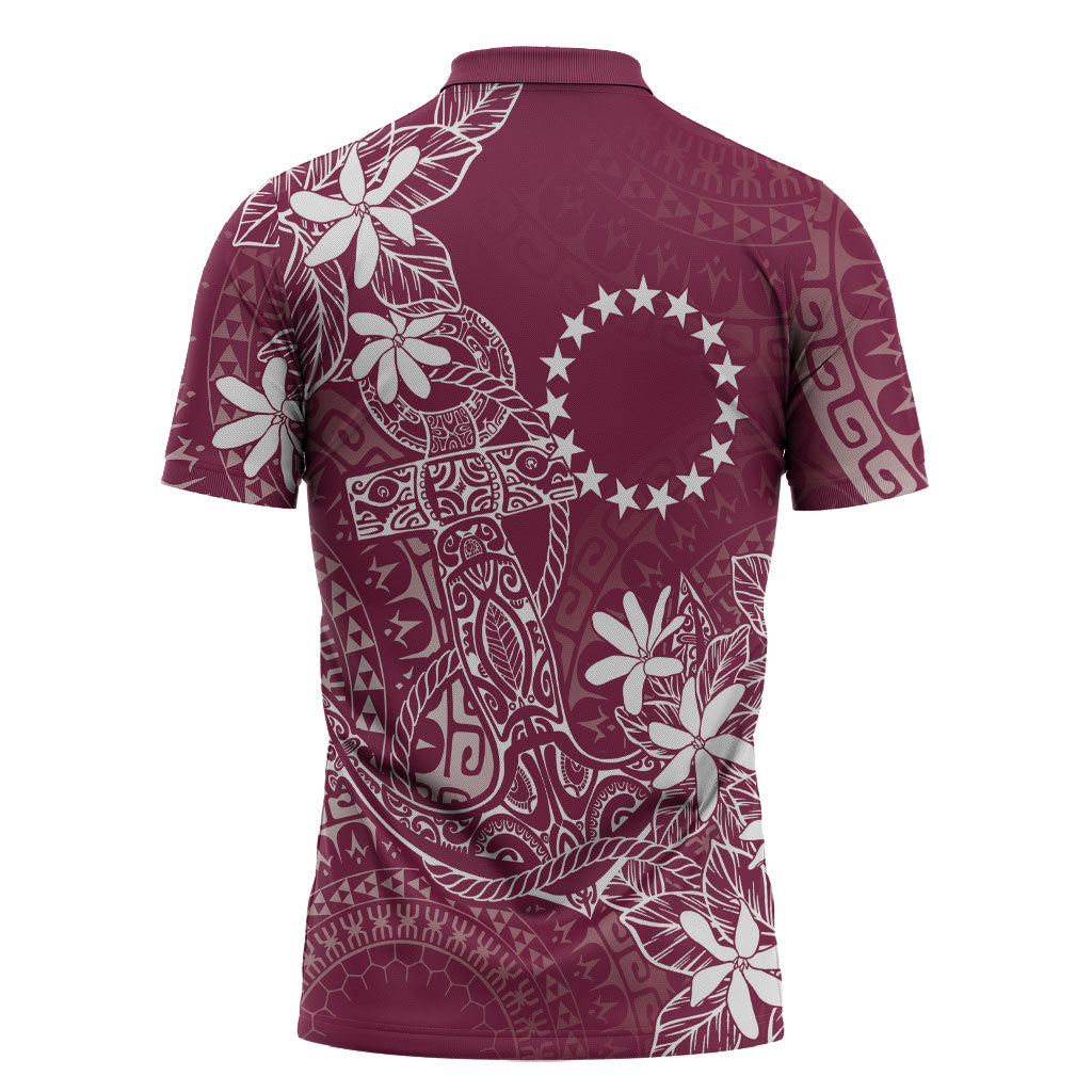 Maroon Kuki Airani Tapakau Zipper Polo Shirt Tribal Anchor Mix Tiare LT7 - Polynesian Pride
