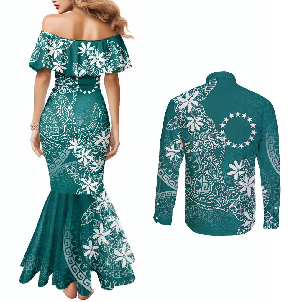 Teal Kuki Airani Tapakau Couples Matching Mermaid Dress and Long Sleeve Button Shirt Tribal Anchor Mix Tiare LT7 - Polynesian Pride