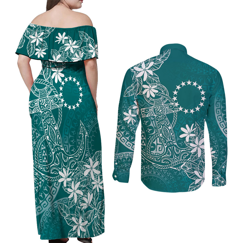 Teal Kuki Airani Tapakau Couples Matching Off Shoulder Maxi Dress and Long Sleeve Button Shirt Tribal Anchor Mix Tiare LT7 - Polynesian Pride