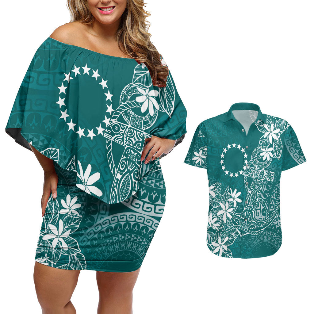 Teal Kuki Airani Tapakau Couples Matching Off Shoulder Short Dress and Hawaiian Shirt Tribal Anchor Mix Tiare LT7 Teal - Polynesian Pride