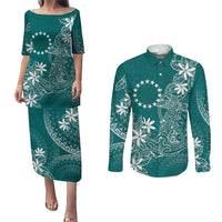 Teal Kuki Airani Tapakau Couples Matching Puletasi and Long Sleeve Button Shirt Tribal Anchor Mix Tiare LT7 Teal - Polynesian Pride