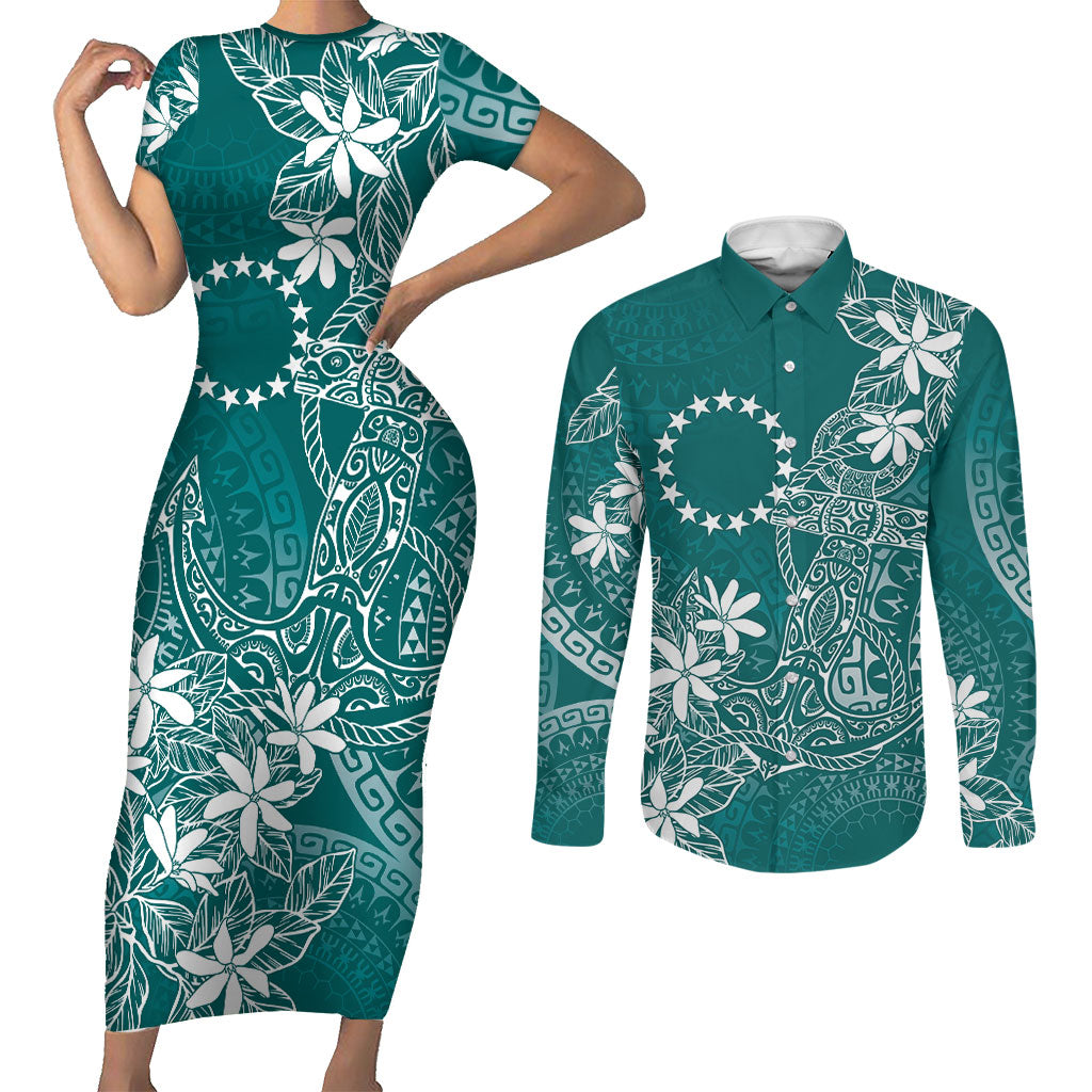 Teal Kuki Airani Tapakau Couples Matching Short Sleeve Bodycon Dress and Long Sleeve Button Shirt Tribal Anchor Mix Tiare LT7 Teal - Polynesian Pride