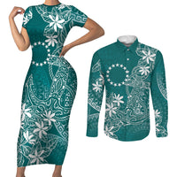 Teal Kuki Airani Tapakau Couples Matching Short Sleeve Bodycon Dress and Long Sleeve Button Shirt Tribal Anchor Mix Tiare LT7 Teal - Polynesian Pride