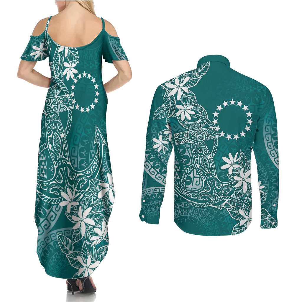 Teal Kuki Airani Tapakau Couples Matching Summer Maxi Dress and Long Sleeve Button Shirt Tribal Anchor Mix Tiare LT7 - Polynesian Pride