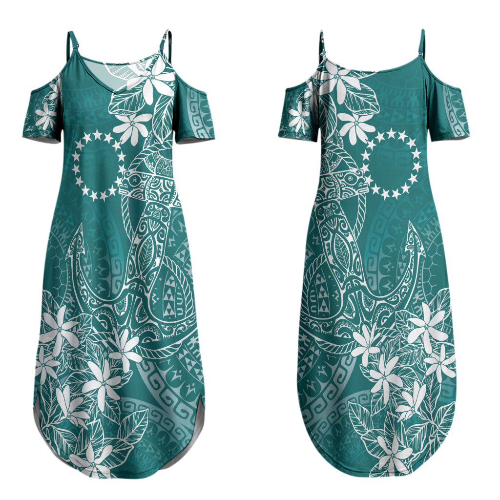 Teal Kuki Airani Tapakau Couples Matching Summer Maxi Dress and Long Sleeve Button Shirt Tribal Anchor Mix Tiare LT7 - Polynesian Pride