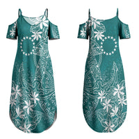 Teal Kuki Airani Tapakau Couples Matching Summer Maxi Dress and Long Sleeve Button Shirt Tribal Anchor Mix Tiare LT7 - Polynesian Pride
