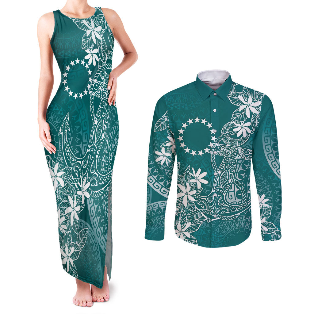 Teal Kuki Airani Tapakau Couples Matching Tank Maxi Dress and Long Sleeve Button Shirt Tribal Anchor Mix Tiare LT7 Teal - Polynesian Pride
