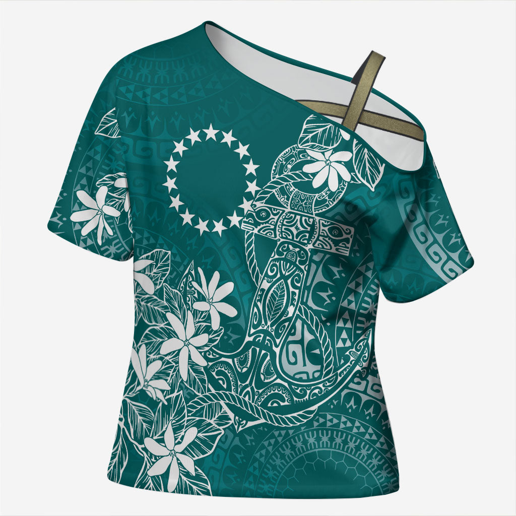 Teal Kuki Airani Tapakau Cross Shoulder Shirt Tribal Anchor Mix Tiare