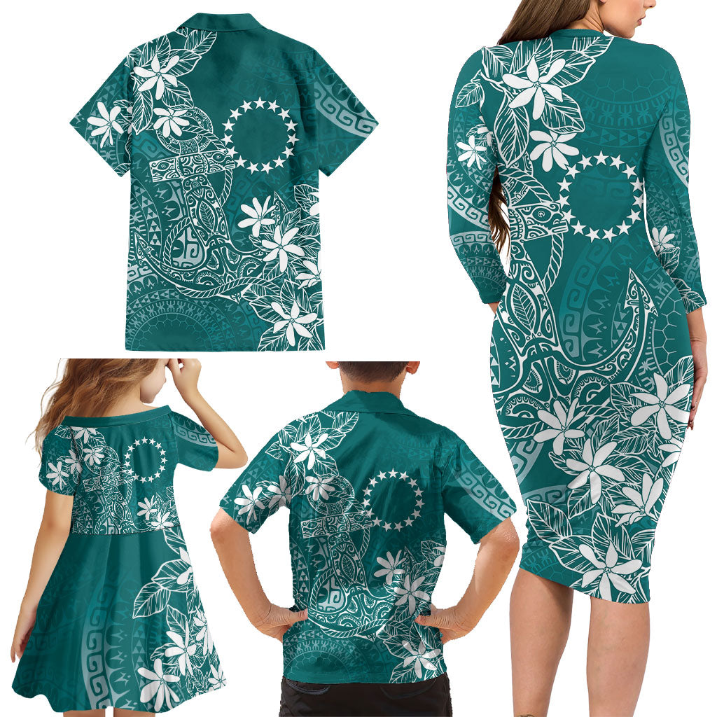 Teal Kuki Airani Tapakau Family Matching Long Sleeve Bodycon Dress and Hawaiian Shirt Tribal Anchor Mix Tiare LT7 - Polynesian Pride