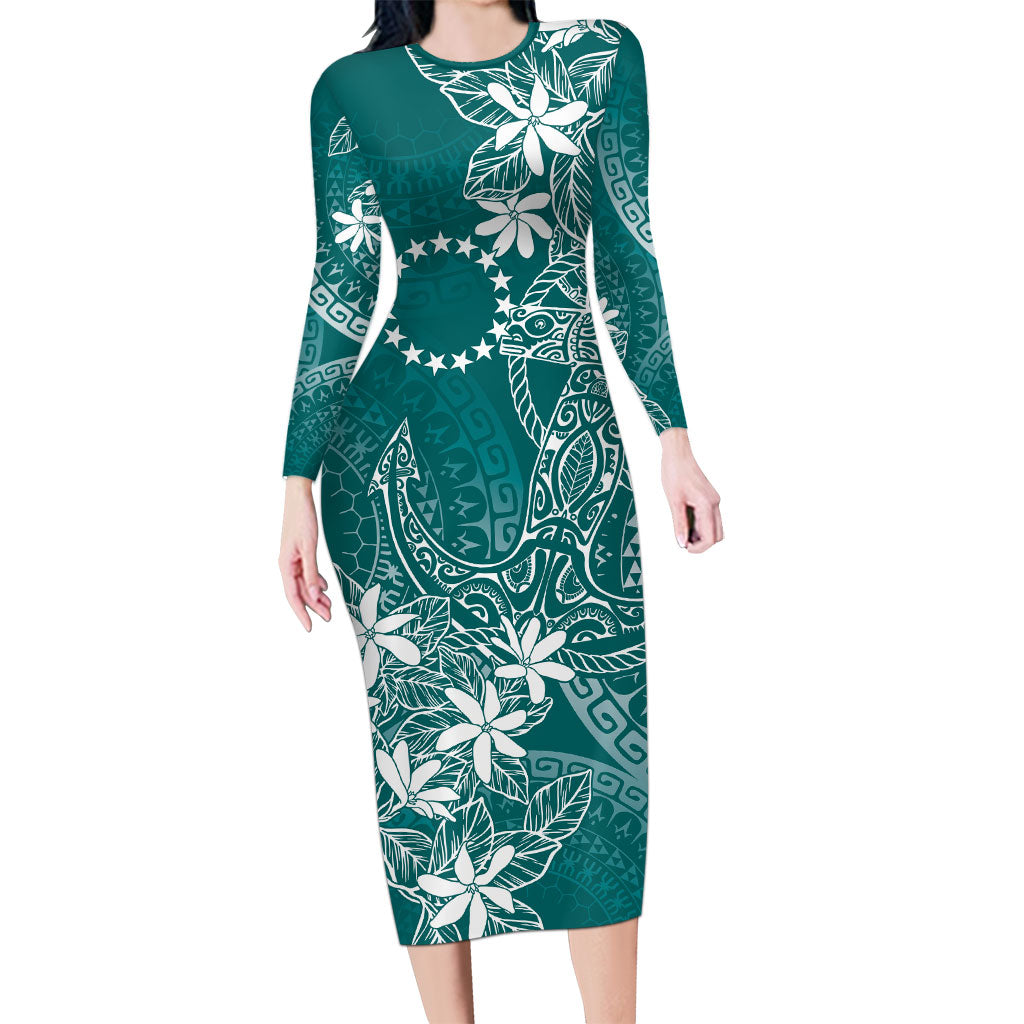 Teal Kuki Airani Tapakau Family Matching Long Sleeve Bodycon Dress and Hawaiian Shirt Tribal Anchor Mix Tiare LT7 Mom's Dress Teal - Polynesian Pride