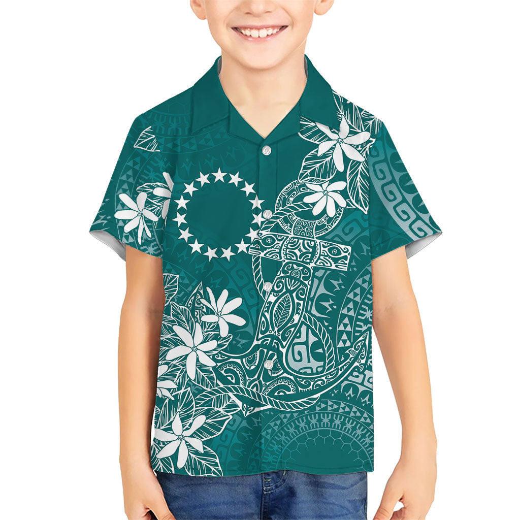 Teal Kuki Airani Tapakau Family Matching Long Sleeve Bodycon Dress and Hawaiian Shirt Tribal Anchor Mix Tiare LT7 Son's Shirt Teal - Polynesian Pride