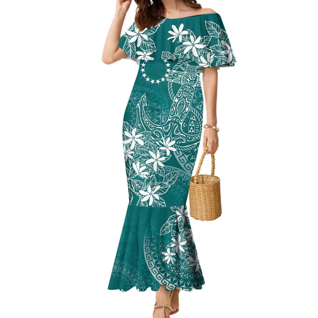 Teal Kuki Airani Tapakau Family Matching Mermaid Dress and Hawaiian Shirt Tribal Anchor Mix Tiare LT7 Mom's Dress Teal - Polynesian Pride