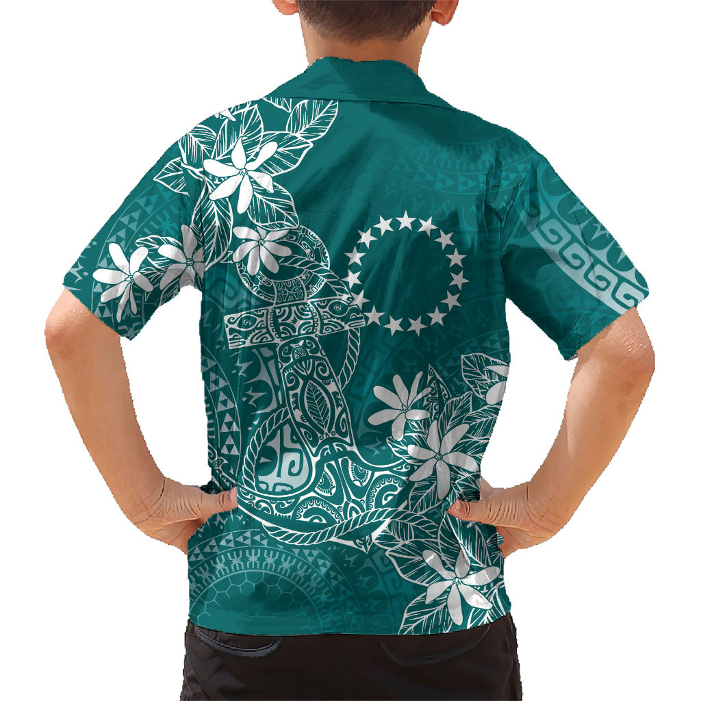 Teal Kuki Airani Tapakau Family Matching Off The Shoulder Long Sleeve Dress and Hawaiian Shirt Tribal Anchor Mix Tiare LT7 - Polynesian Pride