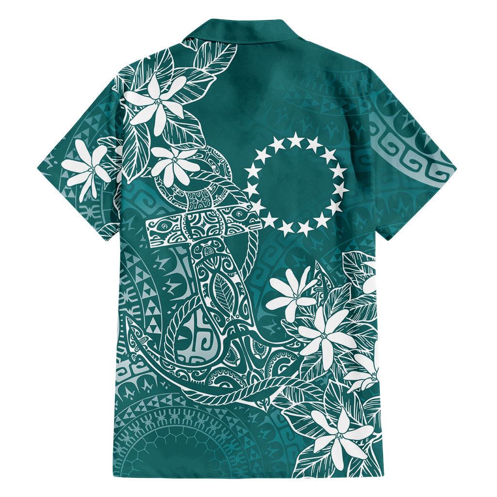 Teal Kuki Airani Tapakau Family Matching Off The Shoulder Long Sleeve Dress and Hawaiian Shirt Tribal Anchor Mix Tiare LT7 - Polynesian Pride