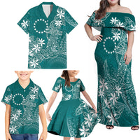 Teal Kuki Airani Tapakau Family Matching Off Shoulder Maxi Dress and Hawaiian Shirt Tribal Anchor Mix Tiare LT7 - Polynesian Pride