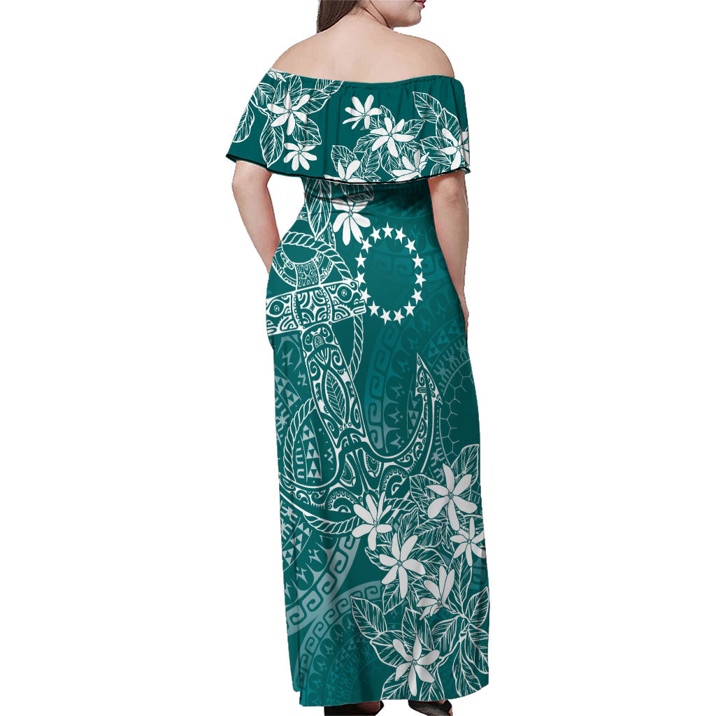 Teal Kuki Airani Tapakau Family Matching Off Shoulder Maxi Dress and Hawaiian Shirt Tribal Anchor Mix Tiare LT7 - Polynesian Pride