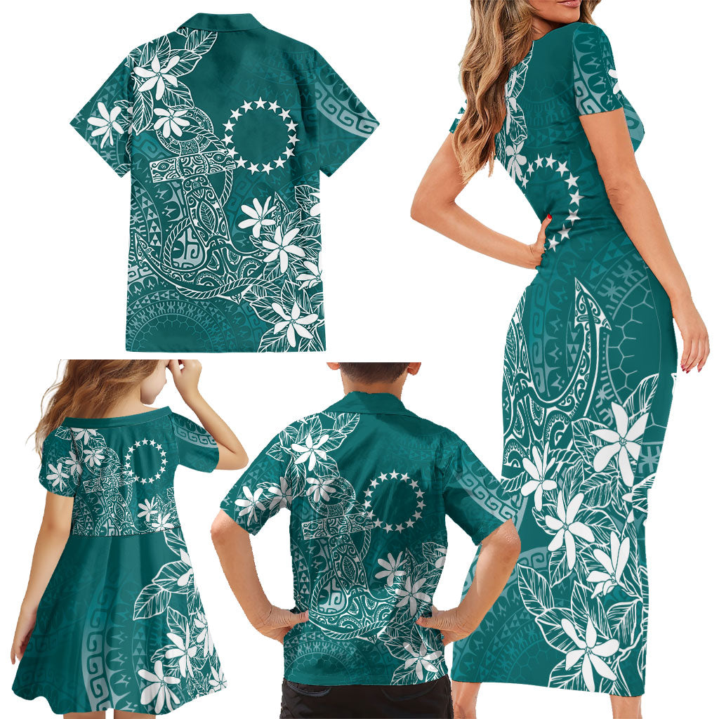 Teal Kuki Airani Tapakau Family Matching Short Sleeve Bodycon Dress and Hawaiian Shirt Tribal Anchor Mix Tiare LT7 - Polynesian Pride