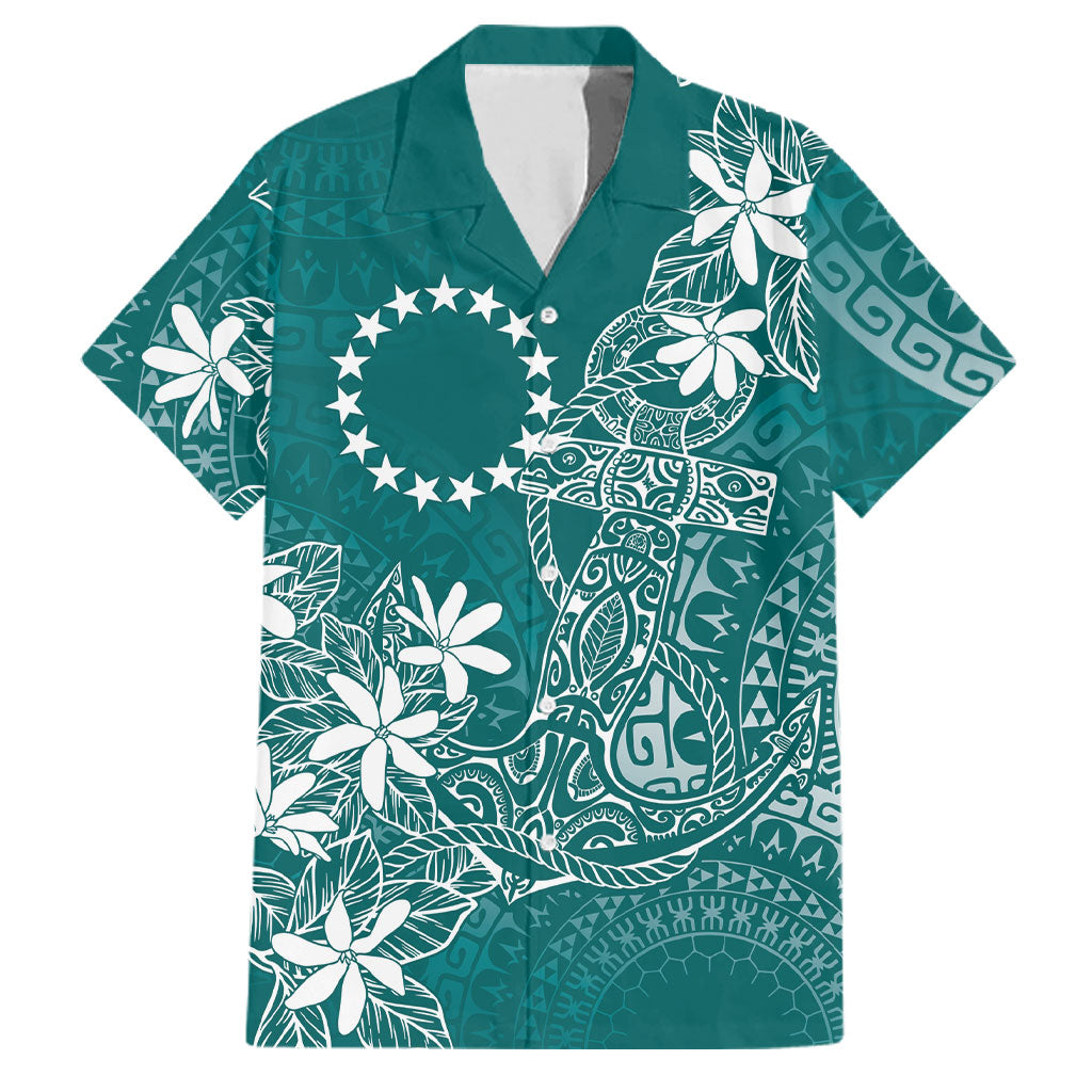 Teal Kuki Airani Tapakau Family Matching Short Sleeve Bodycon Dress and Hawaiian Shirt Tribal Anchor Mix Tiare LT7 Dad's Shirt - Short Sleeve Teal - Polynesian Pride