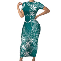 Teal Kuki Airani Tapakau Family Matching Short Sleeve Bodycon Dress and Hawaiian Shirt Tribal Anchor Mix Tiare LT7 Mom's Dress Teal - Polynesian Pride