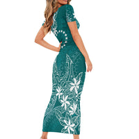 Teal Kuki Airani Tapakau Family Matching Short Sleeve Bodycon Dress and Hawaiian Shirt Tribal Anchor Mix Tiare LT7 - Polynesian Pride