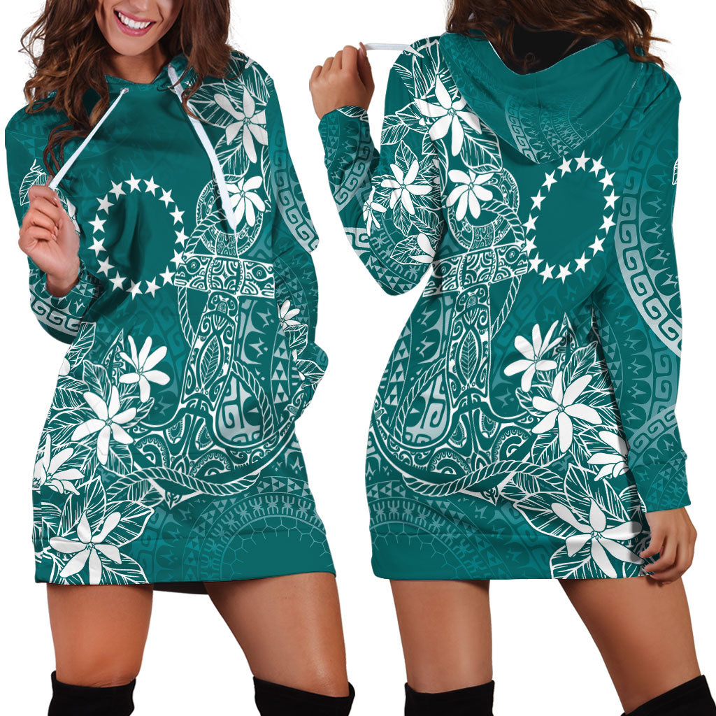 Teal Kuki Airani Tapakau Hoodie Dress Tribal Anchor Mix Tiare LT7 - Polynesian Pride