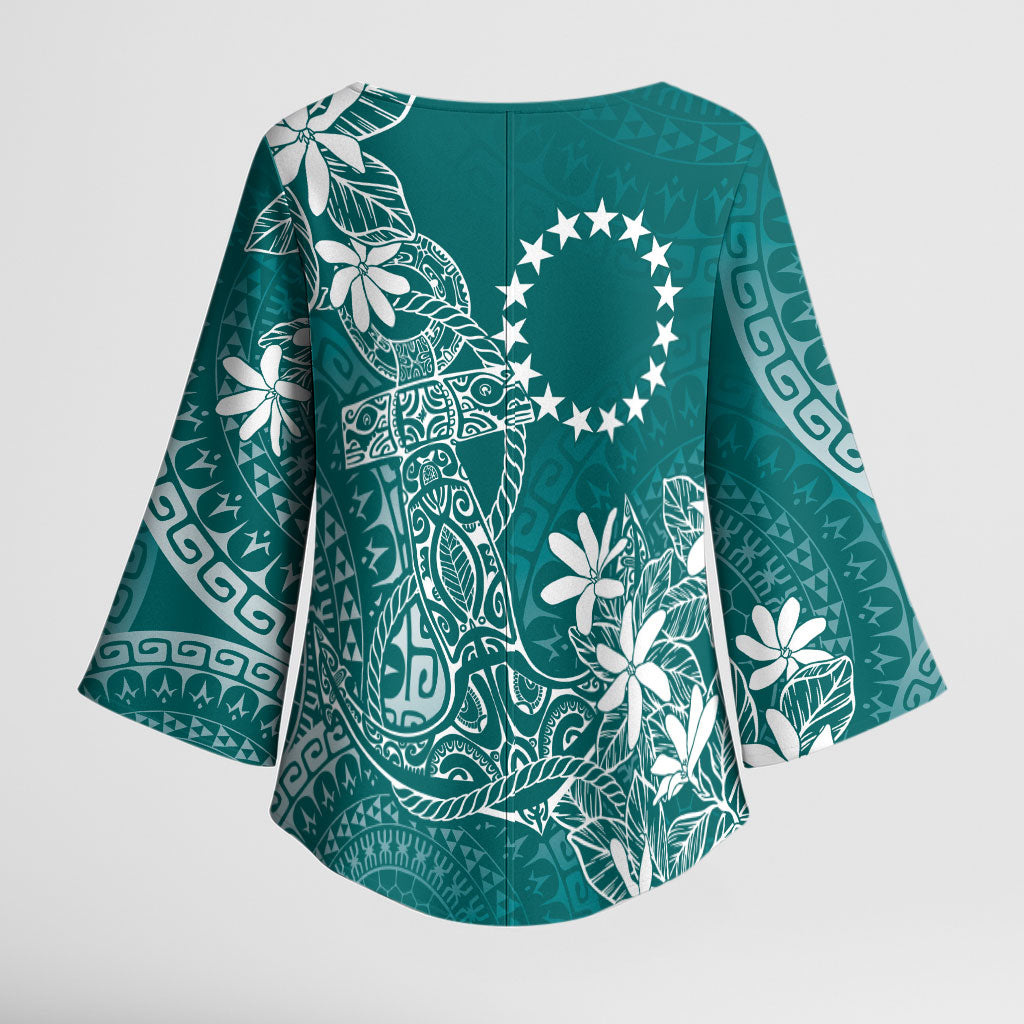 Teal Kuki Airani Tapakau Kimono Sleeve Blouse Tribal Anchor Mix Tiare