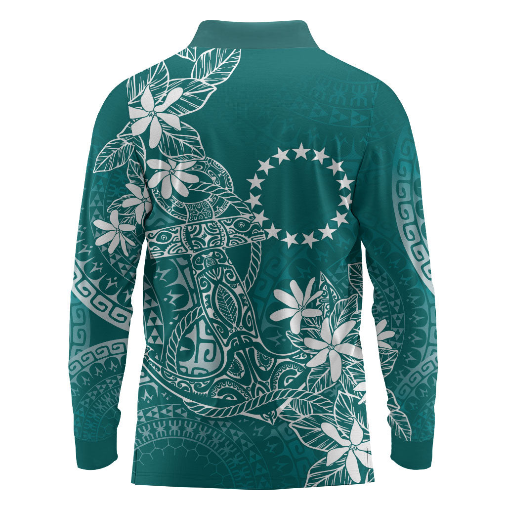 Teal Kuki Airani Tapakau Long Sleeve Polo Shirt Tribal Anchor Mix Tiare LT7 - Polynesian Pride