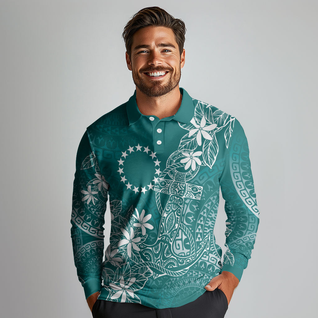 Teal Kuki Airani Tapakau Long Sleeve Polo Shirt Tribal Anchor Mix Tiare LT7 - Polynesian Pride