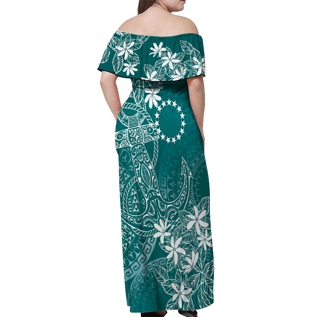 Teal Kuki Airani Tapakau Off Shoulder Maxi Dress Tribal Anchor Mix Tiare