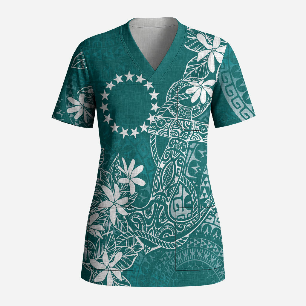 Teal Kuki Airani Tapakau Scrub Top Tribal Anchor Mix Tiare