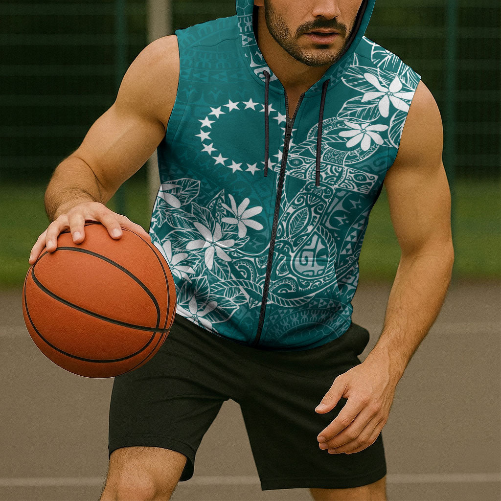 Teal Kuki Airani Tapakau Sleeveless Zip Hoodie Tribal Anchor Mix Tiare LT7 - Polynesian Pride