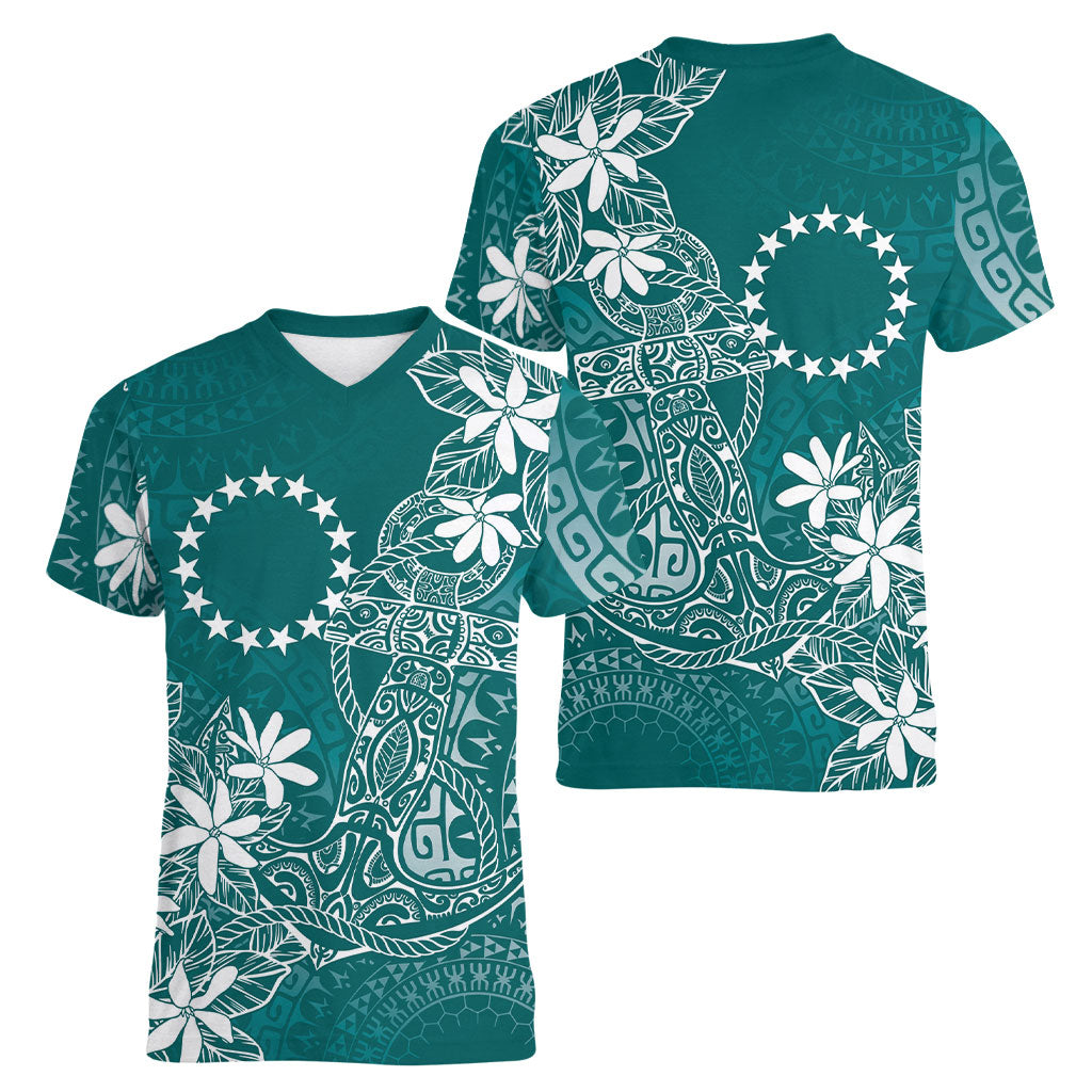 Teal Kuki Airani Tapakau Women V-Neck T-Shirt Tribal Anchor Mix Tiare LT7 - Polynesian Pride