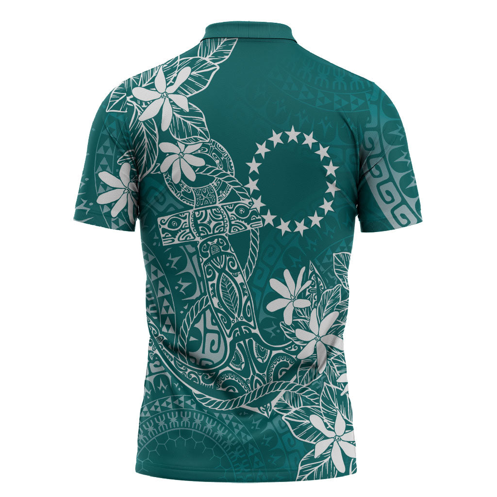 Teal Kuki Airani Tapakau Zipper Polo Shirt Tribal Anchor Mix Tiare LT7 - Polynesian Pride