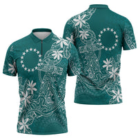 Teal Kuki Airani Tapakau Zipper Polo Shirt Tribal Anchor Mix Tiare LT7 - Polynesian Pride