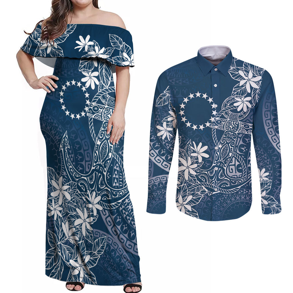Navy Kuki Airani Tapakau Couples Matching Off Shoulder Maxi Dress and Long Sleeve Button Shirt Tribal Anchor Mix Tiare LT7 Navy - Polynesian Pride
